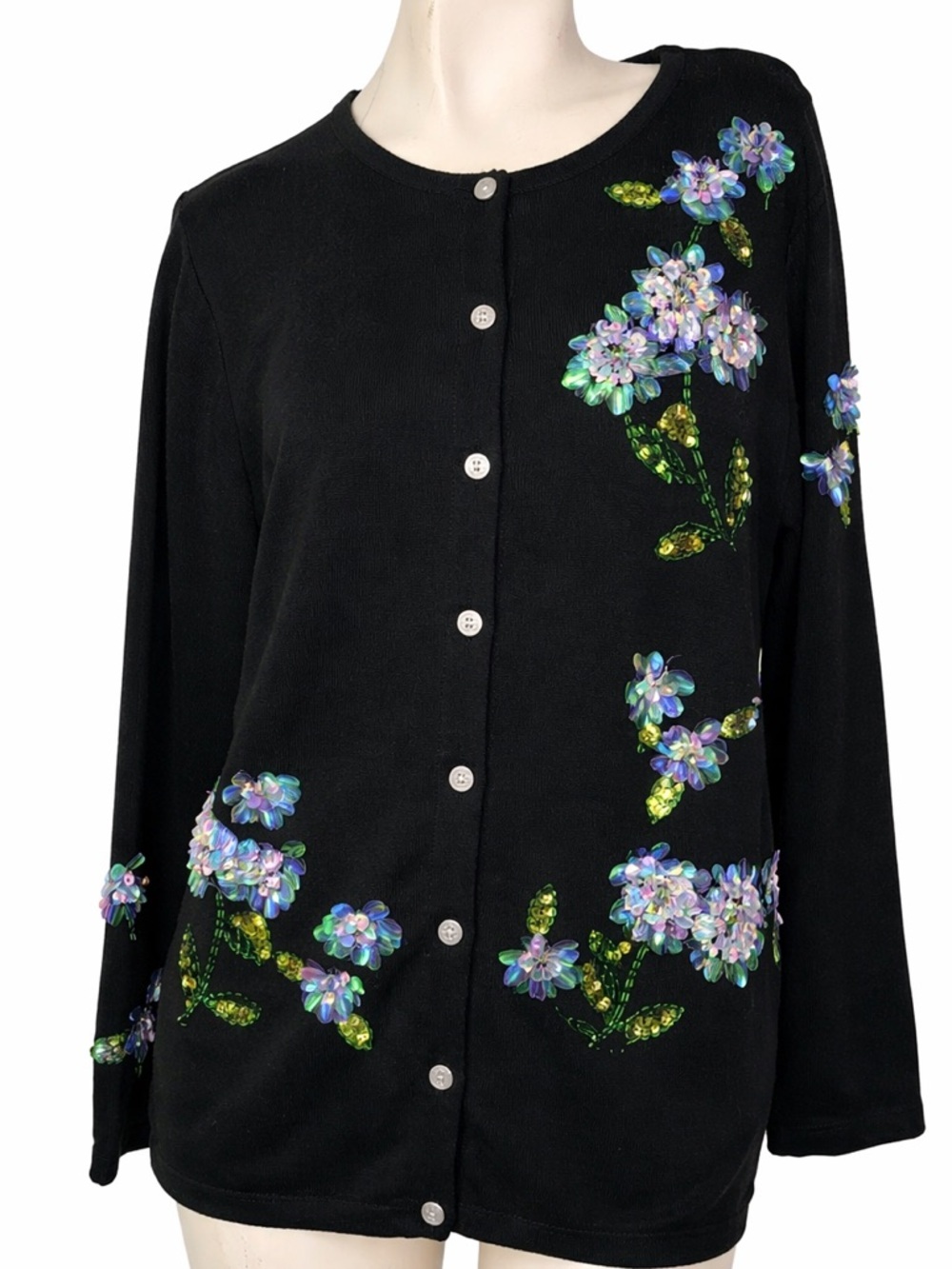 Vintage Quacker Factory XL Black Sequin Floral Cardigan Sweater Embellished - Picture 8 of 8
